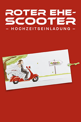Ein glückliches Brautpaar braust auf einem Motorroller ins Glück. Eine Einladungskarte im Cartoon-Style