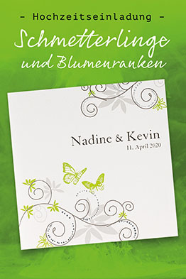 Weiße Hochzeitseinladungen mit grünen Akzenten und Schmetterlingen, sowie grauen Blumenranken.