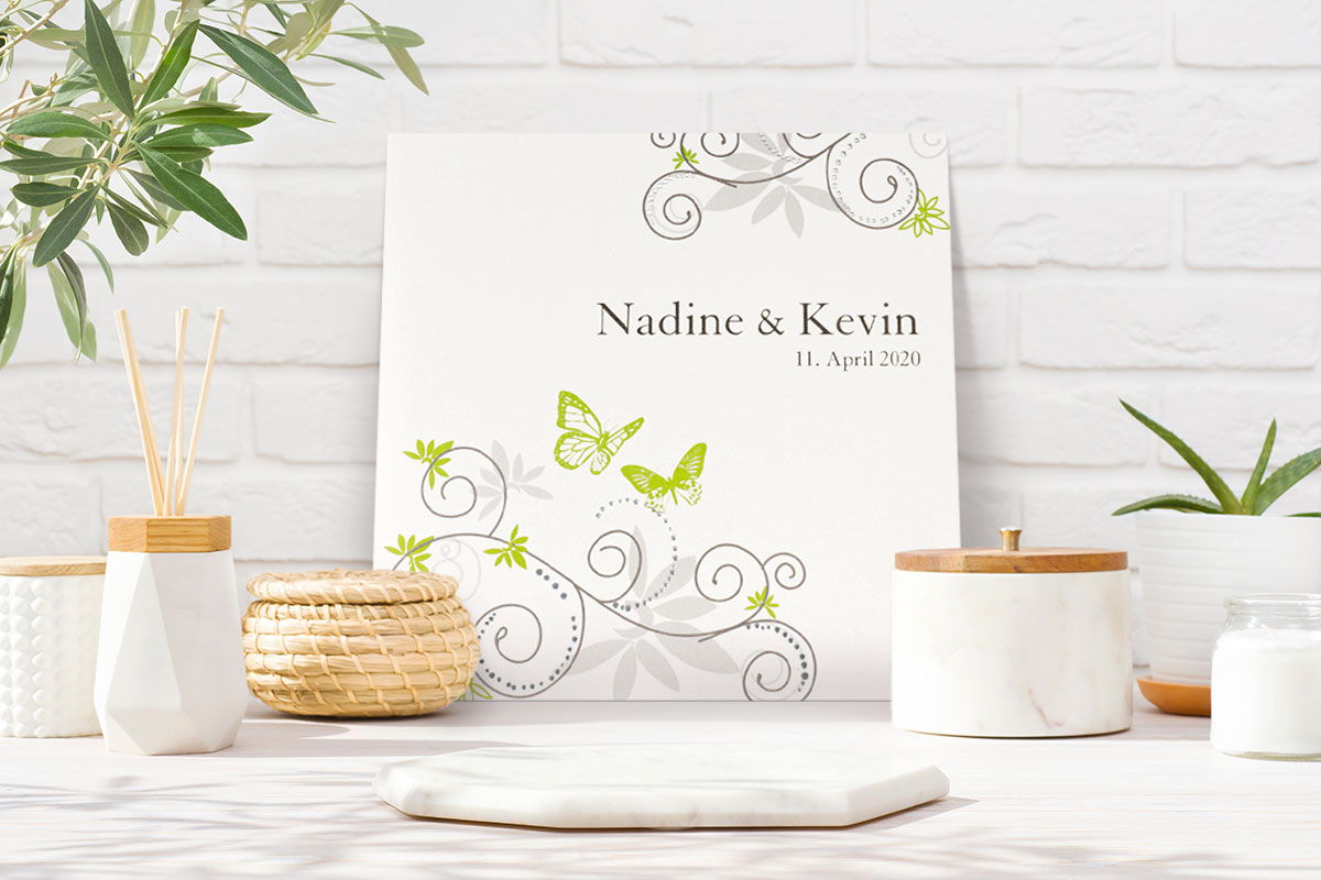 Hochzeitseinladungen, Grün und Schmetterlinge - Schmuckbild oben