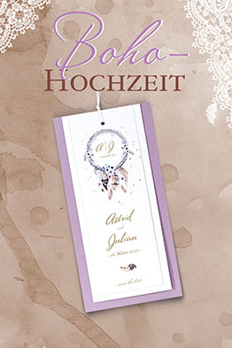 BoHo-Hochzeit-Einladungskarten. Fliederfarben und weiße Fächerkarte.