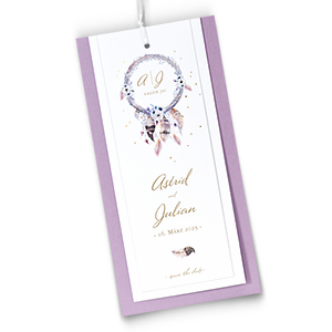 BoHo-Hochzeit-Einladungskarten. Fliederfarben und weiße Fächerkarte.