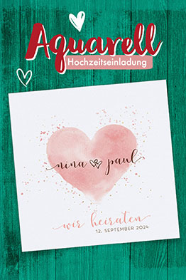 Weiße Einladungskarte zur Hochzeit mit aquareliertem Herz in zartem Rosa-Ton.