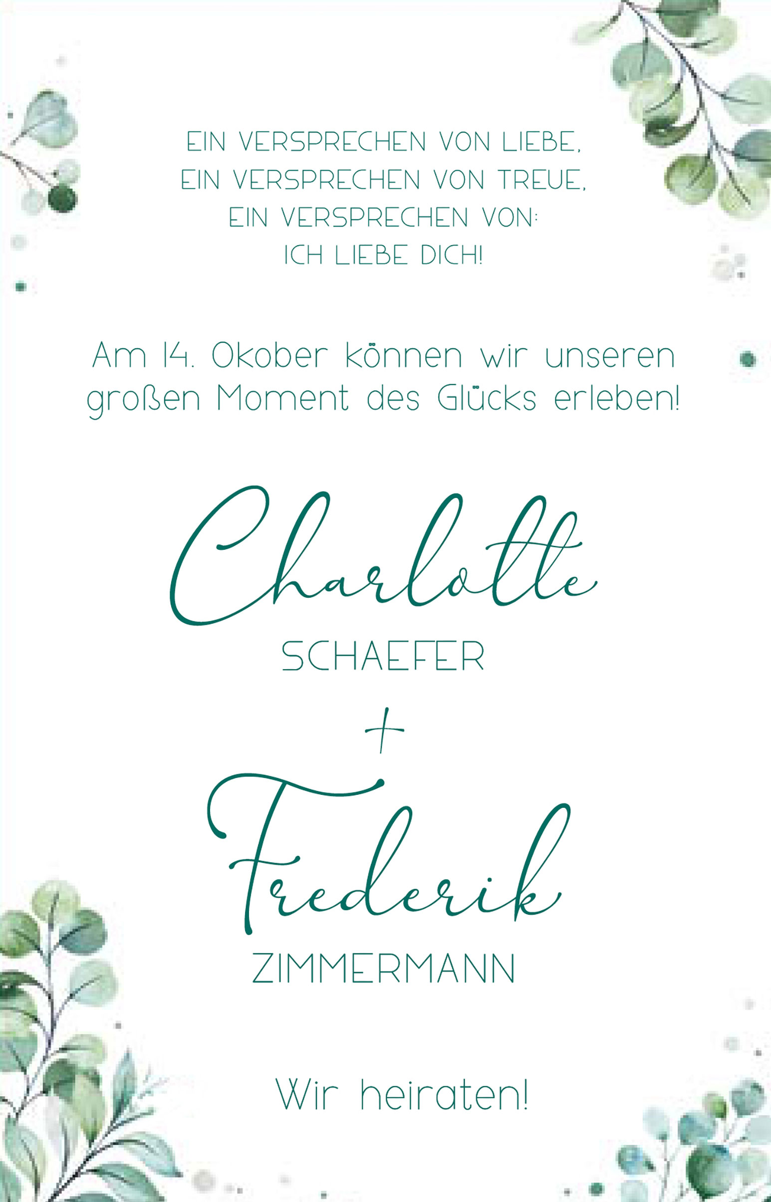 Weiße Textkarte mit Einladungstexten und grünen Blättern bedruckt.
