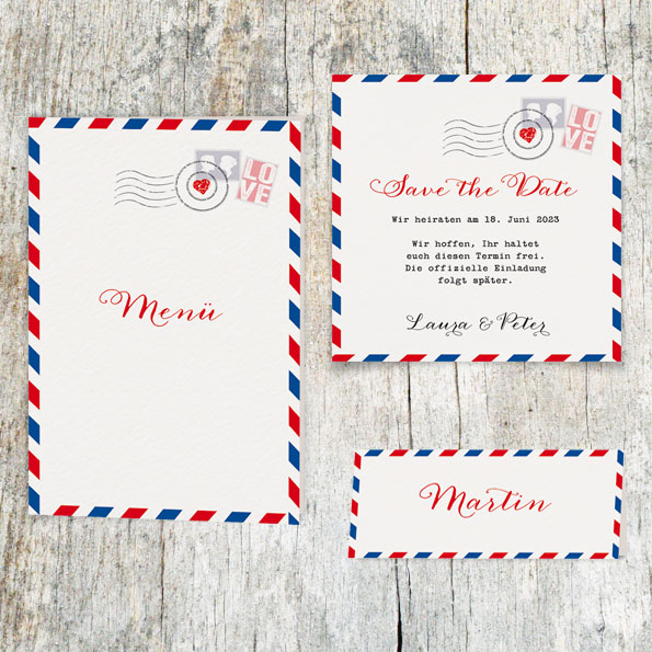 Hochzeitskarten-Set im Luftpost-Design.