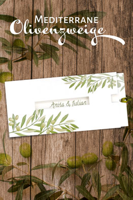 Weiße Hochzeitseinladung mit grünen Olivenzweigen oben und unten.