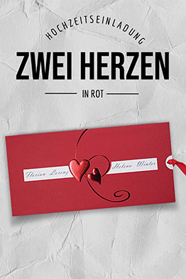 Schmale, rote Einladungskarten zur Hochzeit, mit zwei geprägten roten Herzen.